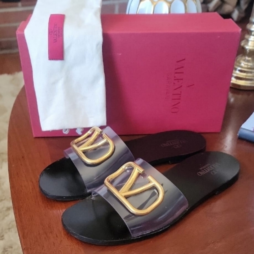 Valentino Black and Gold Women's Slide Sandals